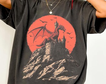 Comfort Colors® Red Dragon Moon Shirt, Vintage 90s Graphic Tee, Medieval Castle T-Shirt, Retro Gothic Fantasy Clothes