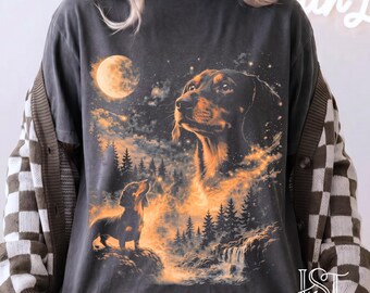 Vintage Dachshund Howling Moon Comfort Colors Tshirt Funny Doxie Wiener Dog Parody Celestial Forest Shirt Retro Graphic Tee Gift For Her