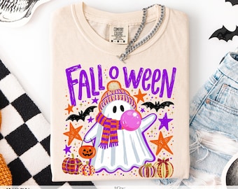 Falloween Ghost Bubble Gum Comfort Colors Tshirt Cute Beanie Scarf Shirt Purple Orange Pumpkins Spooky Season Graphic Tee Gift Her