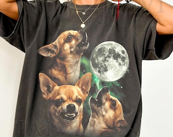 Three Chihuahua Howling Moon Comfort Colors Shirt, Vintage 90s Retro Dog Graphic Tee, Funny Pet Meme, Chihuahua Lover Gift Night Art
