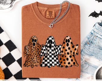 Retro Halloween Shirt Comfort Colors Trendy Leopard Checkerboard Polka Dot Ghost Tee Spooky Season Clothing Cute Graphic TShirt Gift for Her