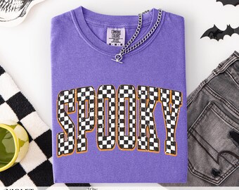 Retro Spooky Halloween Shirt Comfort Colors Distressed Checkerboard Varsity Tee Spooky Season Clothing Aesthetic Graphic TShirt Gift for Her