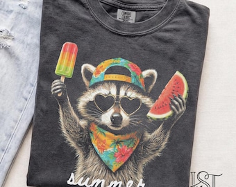 Summer Raccoon Comfort Colors Tshirt Funny Trash Panda Watermelon Popsicle Shirt Heart Sunglasses Beach Vacation Graphic Tee Gift Her