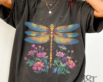 Dragonfly Iridescent Colorful Comfort Colors Tshirt Botanical Wildflowers Stars Shirt Cottagecore Nature Magical Graphic Tee Gift For Her