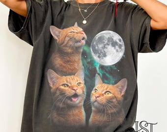 Comfort Colors® Three Orange Cat Howling Moon Shirt 90s Retro Tee Orange Tabby Bootleg Funny Ginger Cat Graphic Cat Mom Gift for Her