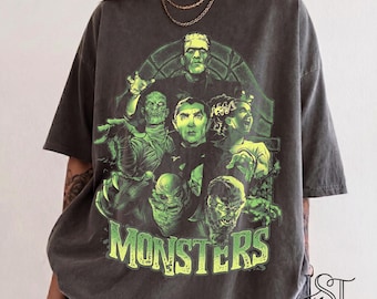 Classic Horror Monsters Comfort Colors Tshirt Frankenstein Dracula Shirt Retro 80s Spooky Season Vintage Neon Graphic Tee Gift Him Her