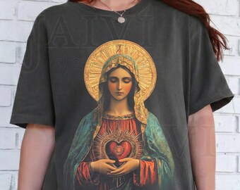 Comfort Colors® Immaculate Heart of Mary T-Shirt, Vintage Sacred Heart Catholic Tee, Blessed Mother Mary Shirt, Religious Gift for Women