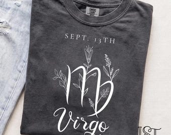 Comfort Colors® Custom Virgo Shirt Personalized Birthday Date Tee Minimalist Floral Astrology Horoscope August September Zodiac Gift Her
