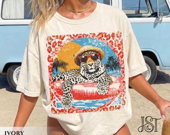 Retro Summer Leopard Comfort Colors Tshirt Distressed Pool Float Cheetah Shirt Tropical Beach Vacation Aesthetic Graphic Tee Gift Her