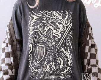 Dragon Knight Comfort Colors Shirt With Linocut Medieval Art Dark Fantasy Graphic Tee Woodcut Mythical Warrior Gift For Fantasy Lovers