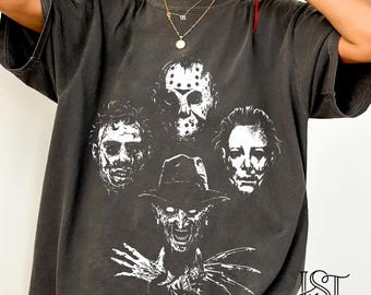Horror Movie Shirt Comfort Colors Vintage Slasher Villains Tee Retro Halloween Michael Myers Freddy Jason Graphic T-Shirt Spooky Season
