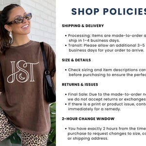 May include: A brown t-shirt with the white letters "JST" in a decorative font. The shirt is worn by a person wearing sunglasses and leopard print pants. The text "SHOP POLICIES" is at the top of the image.