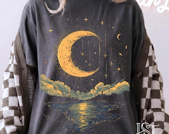 Retro Golden Crescent Moon Comfort Colors Shirt With Misty Water Reflection Celestial Graphic Tee Vintage Mystic Boho Top Gift For Her