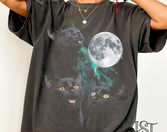 Comfort Colors® Three Black Cat Howling Moon Shirt 90s Retro Tee Vintage Bootleg Funny Void Cat Graphic Cat Mom Gift for Her