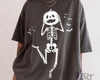 Pumpkin Head Skeleton Comfort Colors Tshirt Funny Dancing Bats Shirt Retro Vintage Line Art Spooky Halloween Graphic Tee Gift Her