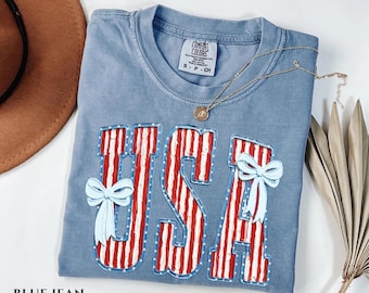 Comfort Colors® USA Patriotic Shirt, Coquette Bows Fourth of July Tee, Faux Paint Texture Independence Day Top, Feminine Americana Gift