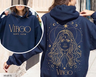 Personalized Virgo Hoodie Custom Birthdate Sweatshirt Celestial Line Art Zodiac Moon Phase Astrology Horoscope Fall Birthday Gift Her