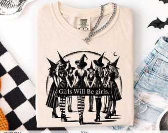 Witch Coven Girls Will Be Girls Comfort Colors Tshirt Full Moon Striped Socks Witchy Shirt Vintage Halloween Spooky Graphic Tee Gift Her