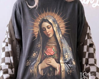 Vintage Virgin Mary T-Shirt: Sacred Art Style Catholic Comfort Colors Tee, Mary Holding Rose Religious Gift for Mom