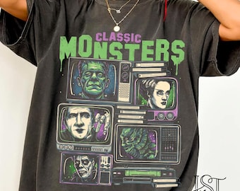 Classic Monsters Comfort Colors Tshirt Frankenstein Retro TV VHS Vintage Horror Movie Shirt Spooky Halloween Grunge Graphic Tee Gift Him Her