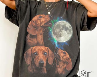 Comfort Colors® Three Dachshund Shirt 90s Retro Howling Moon Tee Wiener Dog Bootleg Funny Doxie Mom Graphic Vintage Pet Lover Gift