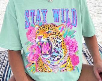 Stay Wild Preppy Leopard Comfort Colors Tshirt Neon Pink Floral Cheetah Shirt Y2K Coastal Summer Aesthetic Graphic Tee Gift Her