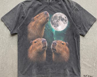 Comfort Colors® Three Capybara Moon Shirt 90s Retro Howling Moon Tee Vintage Bootleg Funny Chill Capy Graphic Animal Meme Gift