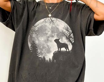 French Bulldog Moon Silhouette Comfort Colors Shirt, Vintage Dog Lover Gift Frenchie Mom Tee, Boho Dreamy Pet Memorial