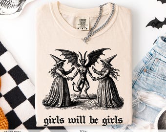 Gothic Demon Girls Will Be Girls Comfort Colors Tshirt Dancing Witches Occult Devil Shirt Vintage Linocut Witchcraft Graphic Tee Gift Her