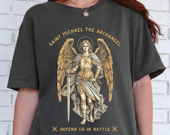 Saint Michael Archangel Comfort Colors Shirt, Vintage Catholic Art Tee, Defend Us In Battle