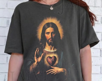 Vintage Sacred Heart of Jesus Comfort Colors Shirt: Engraving Style Catholic Tee, Traditional Religious Gift