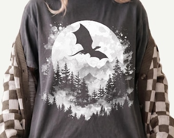 Dragon Moon Shirt Comfort Colors Tshirt For Gothic Fantasy Book Lover With Vintage Full Moon Over Misty Forest Oversized Graphic Tee