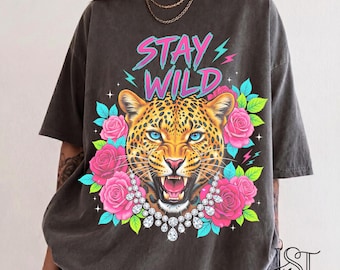 Stay Wild  Leopard Comfort Colors Tshirt Neon Pink Floral Cheetah Shirt Y2K Coastal Summer Aesthetic Graphic Tee Gift Her