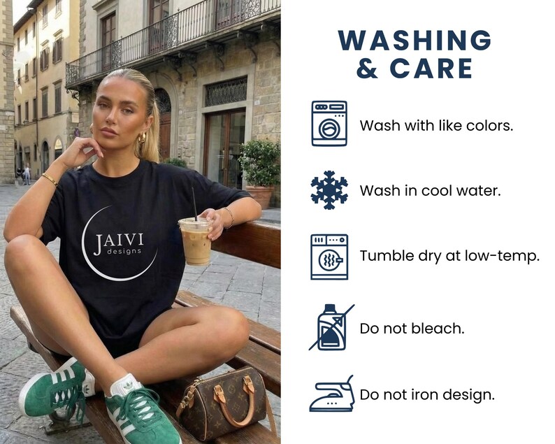 May include: A black t-shirt with the text "JAIVI designs" in a white circular design. The image also shows washing instructions: wash with like colors, wash in cool water, tumble dry at low-temp, do not bleach, and do not iron design.