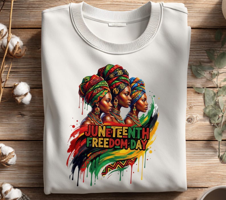 May include: White crewneck sweatshirt featuring a colorful graphic celebrating Juneteenth. The design includes three women wearing vibrant head wraps, with the words "Juneteenth Freedom Day" in bold letters. The artwork incorporates red, black, green, and yellow.