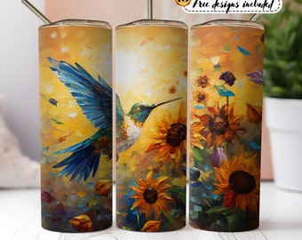 Hummingbird 20oz Skinny Tumbler Wrap – Floral Bird PNG, Colorful Nature Sublimation Design for DIY Tumblers & Gifts