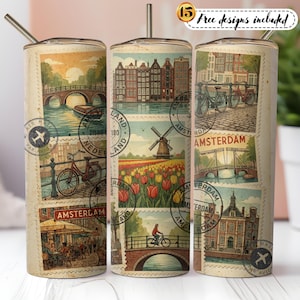 May include: A stainless steel tumbler featuring vintage-style postage stamp designs of Amsterdam. The stamps depict bridges, bicycles, windmills, and buildings. The tumbler includes a straw and the text "15 Free designs included".