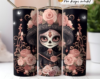 Day of the Dead 20 oz Skinny Tumbler Sublimation Design Digital Download PNG Instant digital only, Dia de Los Muertos Pink Catrina Tumbler