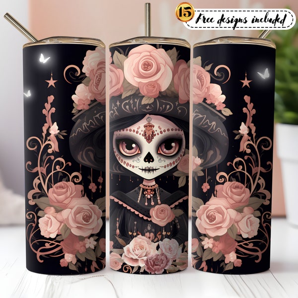 Day of the Dead 20 oz Skinny Tumbler Sublimation Design Digital Download PNG Instant digital only, Dia de Los Muertos Pink Catrina Tumbler