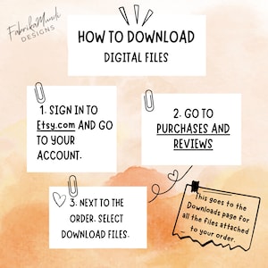 May include: A guide on how to download digital files, with instructions on Etsy.com. The image features handwritten text on sticky notes, with steps including signing in, going to purchases, and selecting download files.
