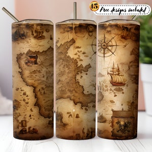 Treasure Map Pirate Tumbler Wrap Png, 20 oz Skinny Tumbler Sublimation Design Digital Download PNG Instant digital only, Pirate ship PNG
