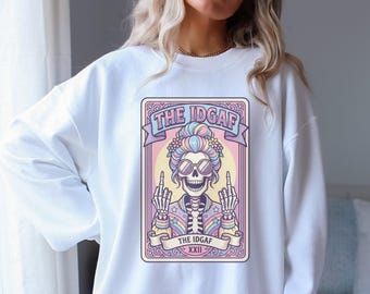 The IDGAF Tarot PNG, Pastel Goth Skeleton Tarot Card, Witchy Sarcastic Tarot Art, Spooky Cute Gothic Digital Download, Sublimation Design