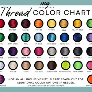 May include: A color chart showing thread colors for embroidery. The chart includes colors like red, green, blue, purple, pink, yellow, orange, brown, black, white, and gray. The chart also includes neon colors like neon yellow, neon green, neon pink, and neon orange.