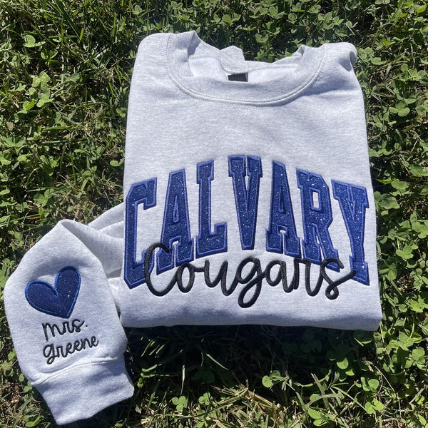 Custom School/Mascot School Spirit Glitter Applique Embroidered Sweatshirt with Sleeve Embroidery