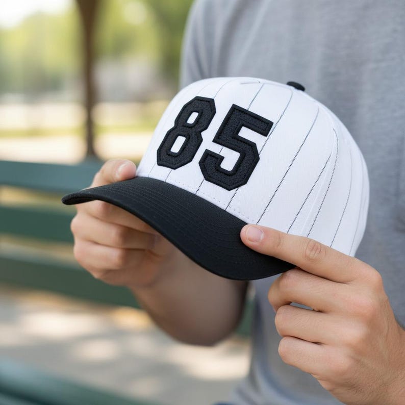 Pu&ograve; includere: Un cappellino da baseball bianco con sottili strisce nere e visiera nera. Il numero "85" &egrave; visualizzato in nero sul davanti. Il cappellino &egrave; tenuto da una persona.