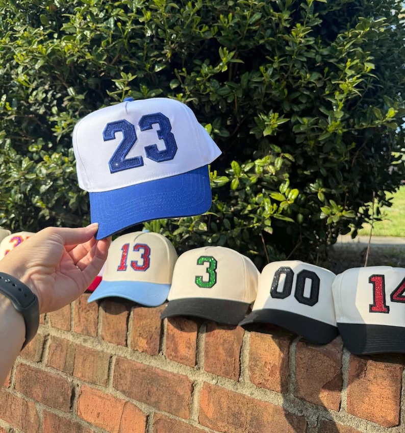Embroidered Glitter Varsity Number Canvas Hat, Sports Mom Hat image 1