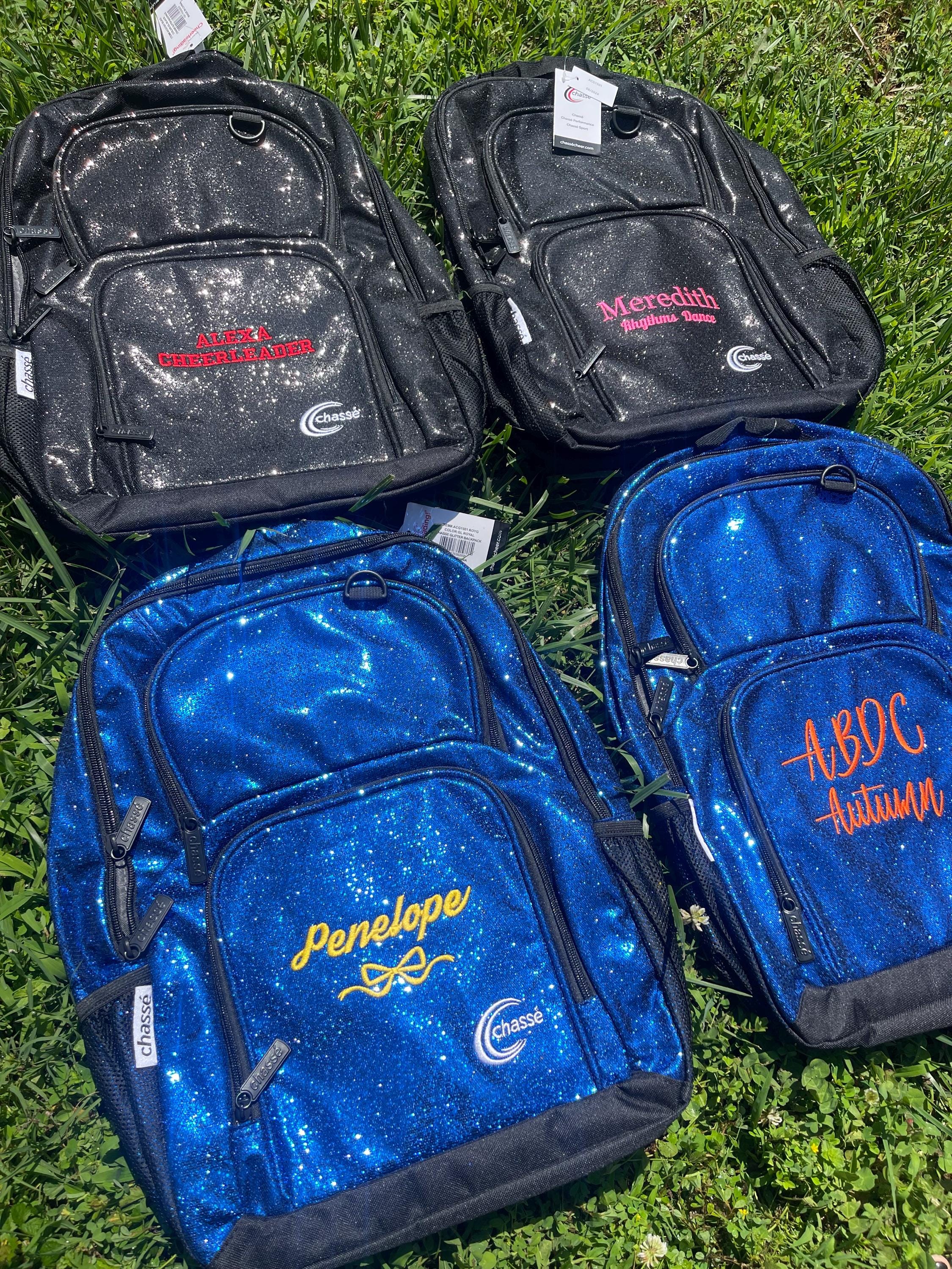 Personalized Chasse Glitter Backpacks, Cheer Bag, Dance Bag, Glitter Bag