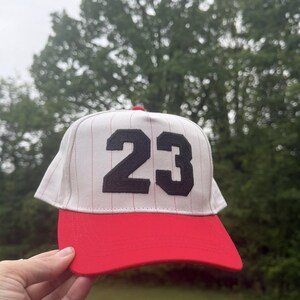 Pu&ograve; includere: Un cappellino da baseball con visiera rossa e corona bianca a sottili righe rosse. Il numero "23" &egrave; cucito in nero sul davanti. Il cappellino &egrave; tenuto davanti a uno sfondo di alberi verdi.