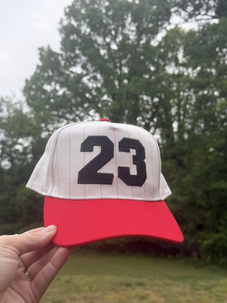Pu&ograve; includere: Un cappellino da baseball con visiera rossa e corona bianca a sottili righe rosse. Il numero "23" &egrave; cucito in nero sul davanti. Il cappellino &egrave; tenuto davanti a uno sfondo di alberi verdi.