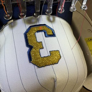 Pu&ograve; includere: Un cappellino da baseball bianco con sottili righe blu e una grande lettera "E" dorata con glitter bordata di blu. Il cappellino &egrave; ricamato da una macchina con pi&ugrave; aghi e fili colorati.